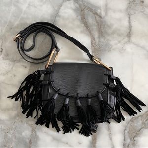 Black fringe faux leather crossbody purse